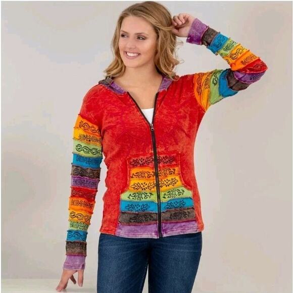 Greater Rainbow Colorful Embroidered Patchwork Hippie Jacket Size Medium - Picture 2 of 10